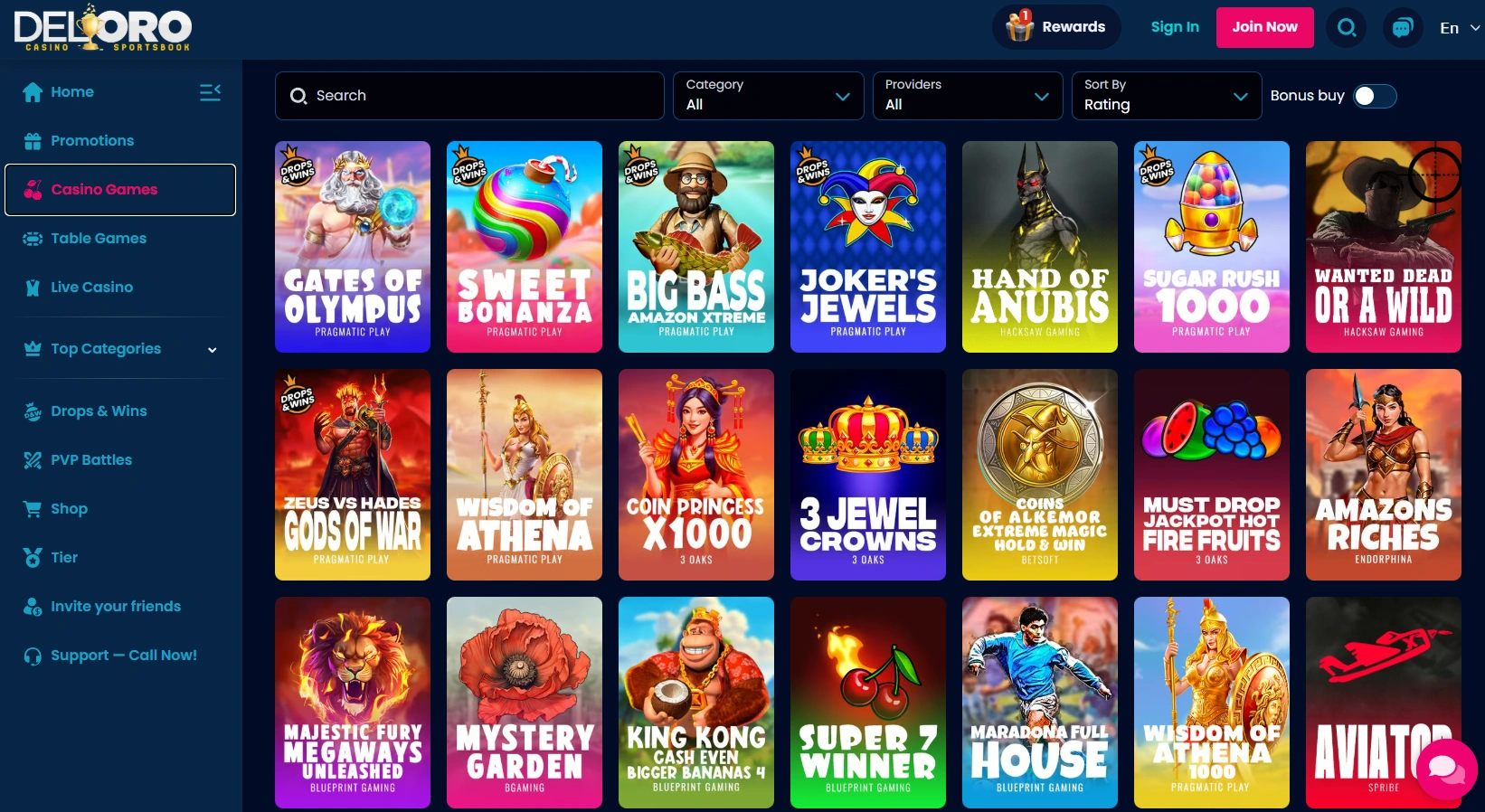 Game selection at the DelOro Casino online